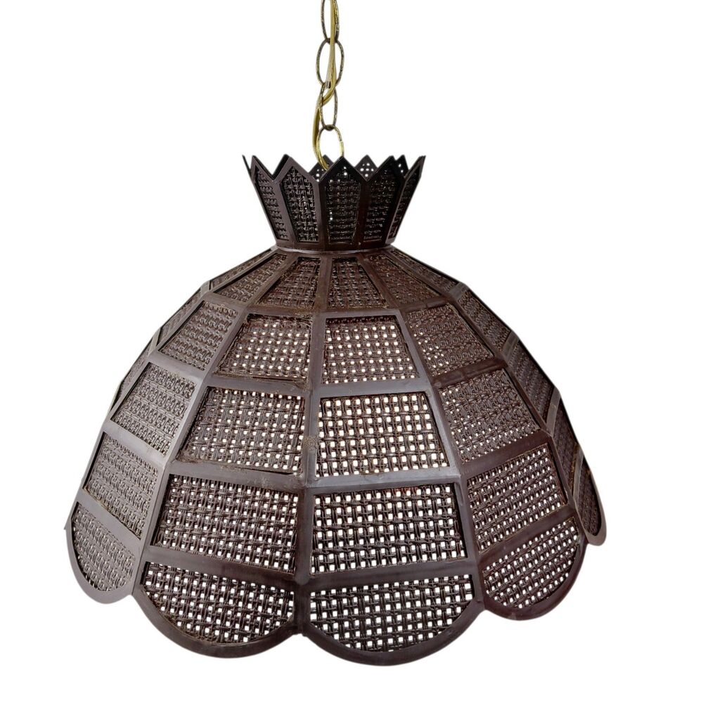 MCM Hanging Swag Lamp Brown Wicker Rattan Shade 12 ft Chain Cord Plug Vtg - Picture 6 of 16